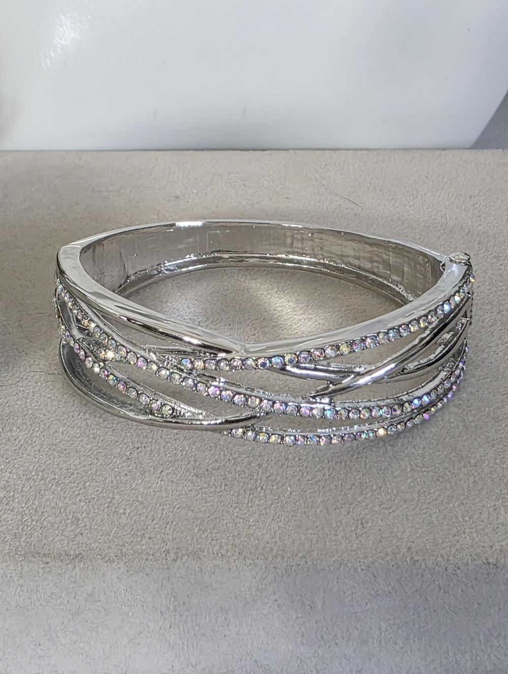 Silver Statement Clamper Bracelet with AB Crystal Stones